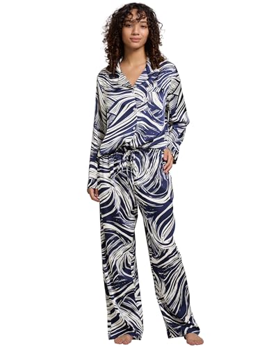 Image of YiNi LuLu Womens Silk Satin Pajamas Set Button Down 2 Piece Pjs Long Sleeve Oversized Sleepwear with Pockets