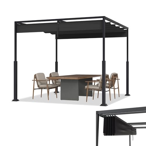 TATIVALO Pérgola de metal independiente de 3 × 4 m, color negro con techo solar, resistente a la intemperie, acero en polvo, resistente a los rayos UV y al agua, techo de láminas, resistente al
