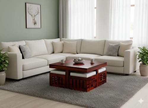 Image of Loonart Solid Sheesham Wood Coffee Table with Four Cushioned Stools | Idel for Living Room | Cafe | Restaurant | Space Saving Indoor Table Set | Finish Color - Mahogany Finish | Off White Cushion |