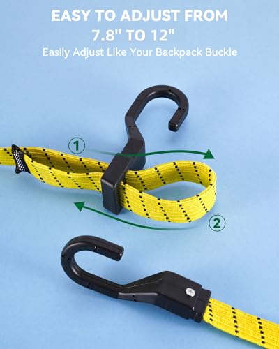 Image of 12 inch Flat Adjustable Bungee Cords with Hooks, 3X Faster to Adjust the Length | LUCKY STRAPS 6 Pack Black /Yellow Heavy Duty Bungee Straps for Cargo, Bike, Cart, Tent, Truck, Camping, Outdoor