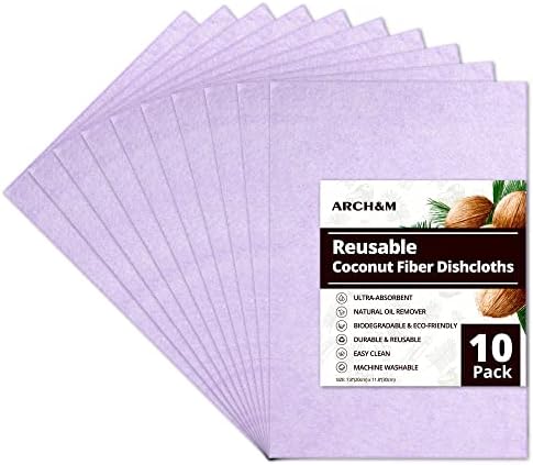 Coconut Fiber Dishcloth for Kitchen - 10 Pack Purple Reusable Natural Oil Remover Sponge Cloths Eco-Friendly Super Absorbent Quick Dry Durable Dish Cloth Rag Washing Cleaning Towel Essential By ARCH&M