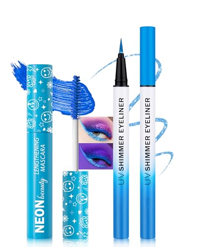 Máscara de rímel y delineador de ojos azul UV, resistente al agua, volumen y largo, brillo líquido, delineador de ojos colorido, maquillaje activado por rayos UV de larga duración, fluorescente