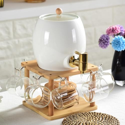 DancJulieファミリーサーバーセット 木台付 磁器 焼酎サーバー 梅酒サーバー酒器 セラミック 陶器 蛇口付き 水タンク 貯蔵タンク 梅酒 ジュース ビール 保存容器 家庭用 飲食店 2Lピッチャー+8客セット 2000ml (2Lビッチャ-+8客セ