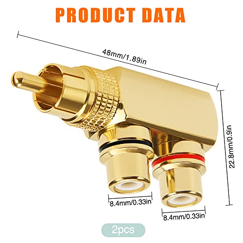 KUOQIY 2 PCS 90 Degree Right Angle RCA Splitter, RCA Male to 2 Female AV Splitter Adapter Connector, Gold Plated Jack Audio Video Y - Image 2