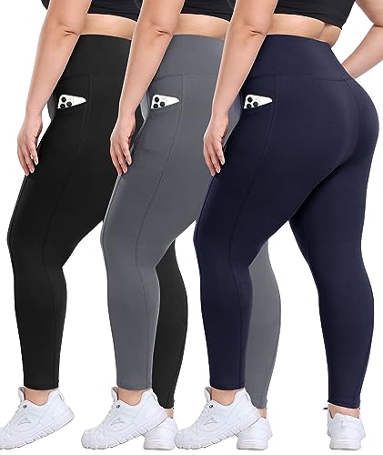 3 Pack Plus Size Leggings with Pockets for Women - High Waisted Tummy Control Spandex Soft Black Workout Yoga Pants