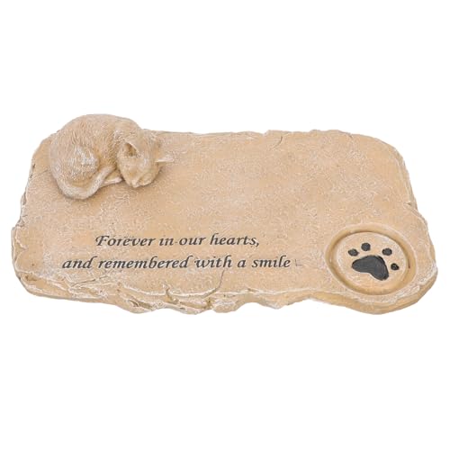 Tofficu Pet Memorial Plaque for Garden Outdoor Cat Tombstone, Resin Adorable Kitten Design, Sand Color Decorative Pet Gravestone for Yard Remembrance