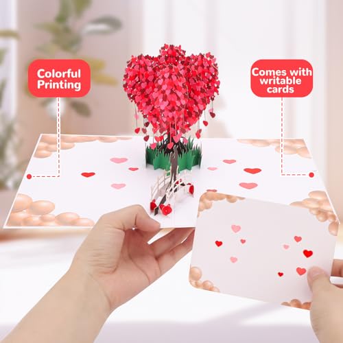 Mexgcom Pop-Up Karte 3D Stereoskopische Grußkarten für Ehefrauen, Freundinnen, Partner und Mehr, Handgefertigte Jubiläumskarten Grußkarten mit Umschlägen und Kleinen Blankokarten (Liebesbaum)