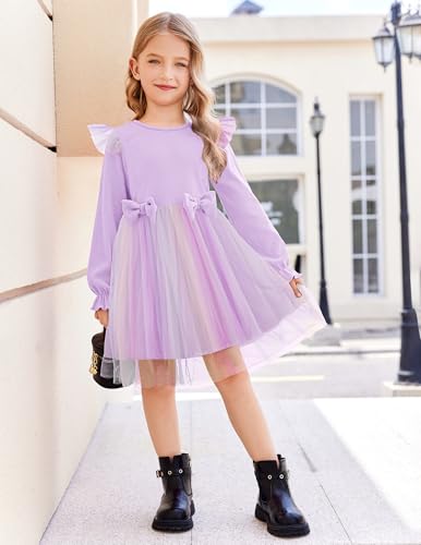Image of Arshiner Toddler Girls Tulle Dresses with Bow Tie Fall Winter Long Sleeve Formal Party Dress 1-7 Y
