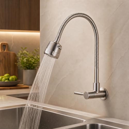 Image of InArt Wall Mounted Flexible Kitchen Faucet, Brushed Silver Gooseneck Sink Tap with Adjustable Spray Head, Single Lever, Anti-Splash Flow, 5 Year Leakage Warranty