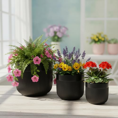 Image of Xtore Ceramic Ribbed Planter Set with Matte Finish | Minimalist Design | for Home, Office, Balcony & Living Room Decor - (Set of 3, Black)