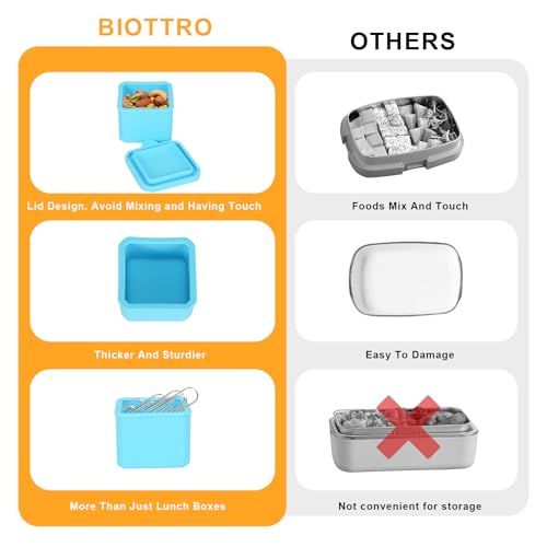 Biottro Silicone Salad Dressing Container To Go 6PCS Reusable Snack Container with Lids Food Storage for Sauce Condiment Soup Yogurt Leak-Proof - Mini Size - 2 oz (Square)