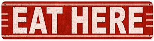 Lenrius Letrero de metal retro vintage con texto en inglés "Eat Here" para cafetería, comedor, restaurante, cocina, decoración de pared de 16 x 4
