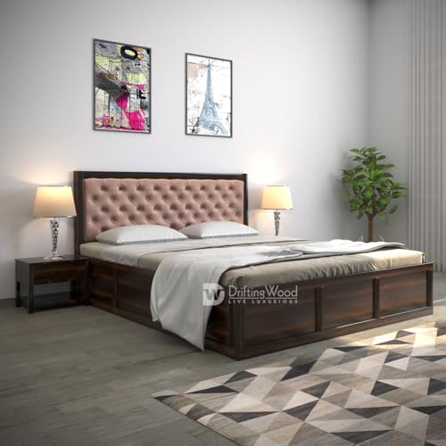 Image of DRIFTINGWOOD Dolvi Solid Sheesham Wood King Size Bed with Storage | Wooden Double Bed Cot Bed with Box Storage & Pink Velvet Upholstered Cushioned Headboard for Bedroom | Walnut Finish