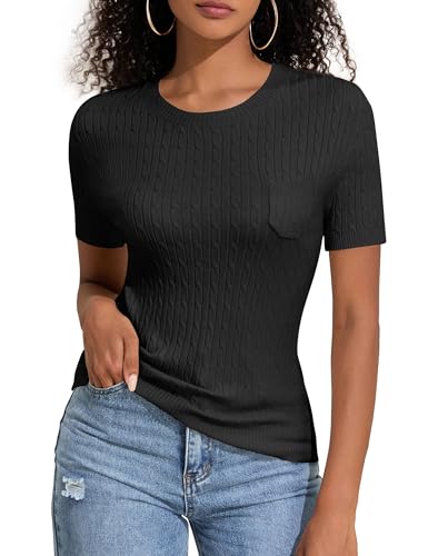 PrettyGuide Womens Short Sleeve Sweaters Shirt Crew Neck Lightweight Cable Knit Casual Dressy Tops