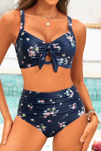 Tempt Me Navy Floral Two Piece Swimsuits - High Waisted Bikini Tummy Control Full Coverage Bathing Suits Ruched Tie Knot Swimwear XS
