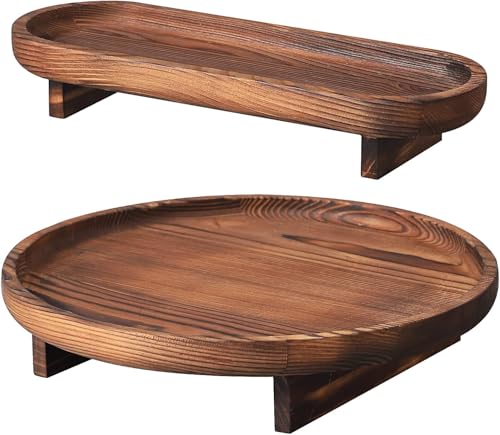 Image of Round Wooden Decorative Tray, 2 Pcs for Coffee Table, Bathroom Vanity Kitchen Counter Tray, Rustic Wood Decor, Round Serving (Walnut)