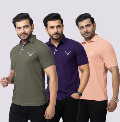 Image of HANABY Men's Summer Polo Solid Half Sleeves Polycotton T-Shirt | Collar Breathable and Comfortable T-Shirt (Pack of 3)