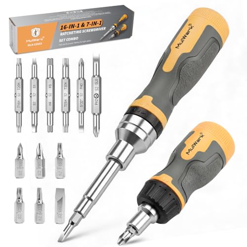 Image of MulWark 2-Piece Ratcheting Screwdriver Set, 16-in-1 Standard & 7-in-1 Stubby, Premium S2 Steel Phillips Torx Slotted Bits, 3-Position Ratchet & Dual Lock, Tool for Professionals & DIY