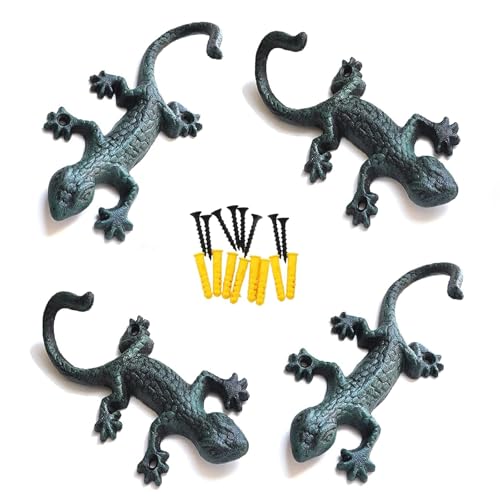 amusediy Lovely Outdoor Cast Iron Pool Towel Wall Hooks, Cool Gecko Heavy-Duty Coat Hooks, Fun Lizard Pool Towel Holder for Outdoor and Indoor， Gecko Key Holder and Wall Décor. Set of 4