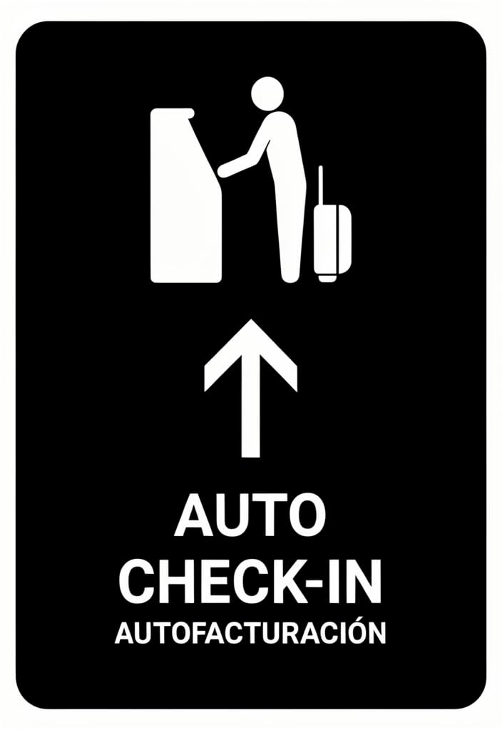 peiyeety Auto Check-In Metal Tin Sign 12x8 Inch, Black & White Airport Kiosk Wayfinding Wall Decor, Bilingual AUTO CHECK-IN/AUTOFACTURACIÓN Travel-Themed Sign for Home, Office, Bar