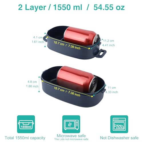 OITUGG 2 Layer Lunch Box, 1550ml Lunch Box for Adults, 3 Compartments Bento Lunchbox with Spoons and Forks, BPA-Free, Microwave Safe, 54.55 Capacity, Size 19.2x11.5x12cm, Blue