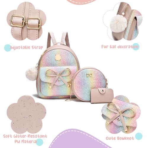 Image of I IHAYNER Girls Bowknot 3-Pieces Fahsion Leather Backpack Backpack Purse for Women Rucksack for Ladies Shoulder Bag