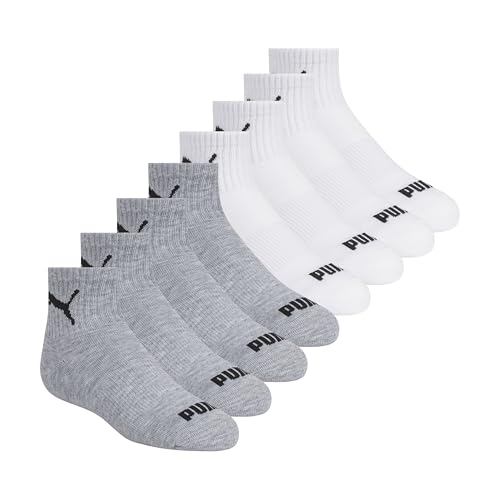 PUMA 8 Pack Boys' High Quarter Crew Socks, Grey/White, 7-8.5
