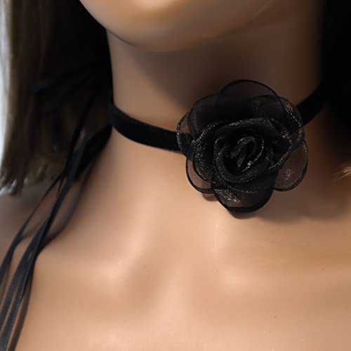 Black Choker Camellia Flower Lace-up Necklace For Women2