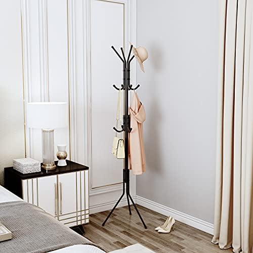 Yusong Metal Coat Stand, Tree-Shaped Hat and Coat Rack with 12 Hooks, Entryway Standing Coat Tree Hat Hanger Holder, Hat Stand Coat Hanger Clothes Stand for Handbag, Clothes, Hats and Scarves, Black