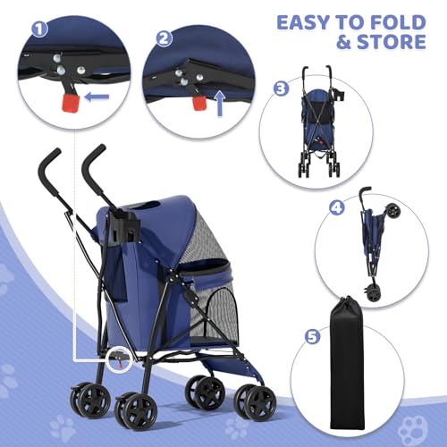 Image of Magshion Compact Fold Pet Travel Stroller for Small Dogs Cats, Navy Blue | Up to 22lbs, 4-Wheel Lightweight Umbrella Shaped Design, Safety Tethers, Breathable Mesh, Cup Holder & Rear Storage