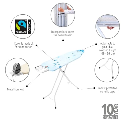 Image of Brabantia Size B Ironing Board (49x15 in) 7 Height Options, Adjustable Steam Iron Rest Holder (Ice Water) Non-Slip Feet, Anti-Collapse Child Locks