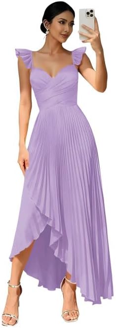 Satin Bridesmaid Dresses for Women Pleated Tea Length Formal Wedding Guest Dress with Slit