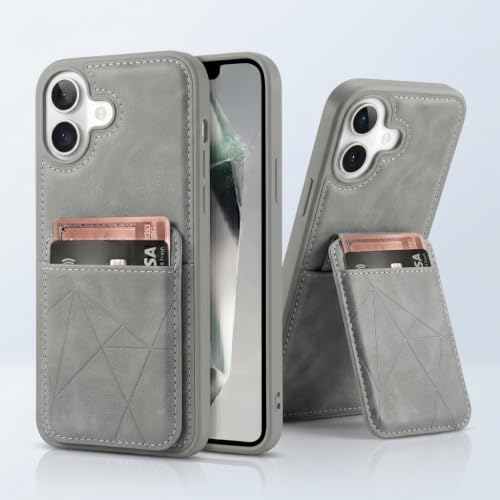 Image of amazon basics Premium Vegan Leather Back Cover with Card Holder and Integrated Mobile Stand for iPhone 16 - Slim Shockproof Wallet Case with Geometric Stitching [Gray]