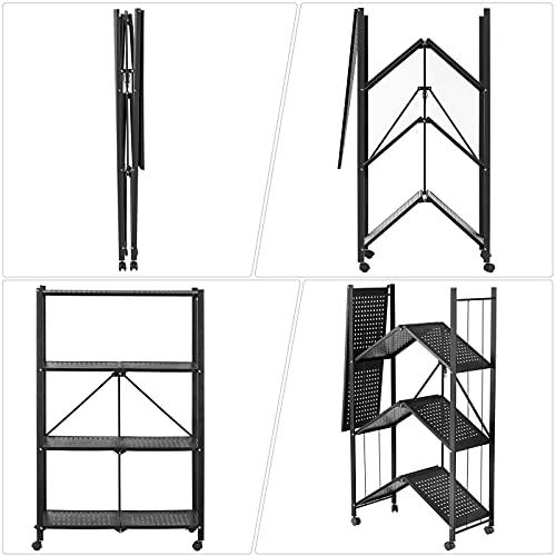 KOTPOP 4-Layer Metal Shelving Unit and Storage Bookshelf, Adjustable Living Room Kitchen Shelf, Vertical Movable Folding Storage Shelf with Wheels, Black