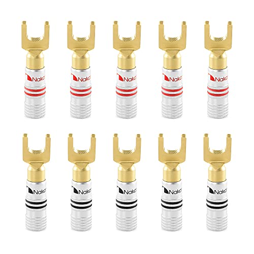 Nakamichi Excel Series 24k Gold Plated Spade Y Banana Plug 12-18 AWG Gauge Size 4mm for Speakers Amplifier Hi-Fi AV Stereo Home Theatre Audio Wire Cable Screw Connector, 10 Pcs (5-Pairs)