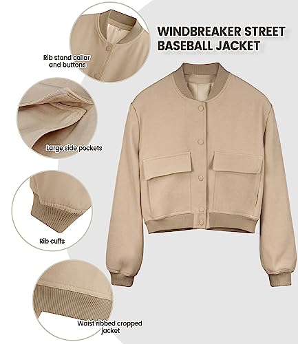 Modegal Women's Spring Varsity Bomber Jackets Long Sleeve Cropped Button Down Casual Coat with Pockets Outwear