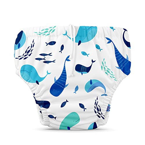 Image of Charlie Banana Swim Diaper, Adjustable Drawstring Diaper for Baby Girls Boys, Reusable, Washable, Waterproof Fit to Prevent Leaks - The Whale on White, Size S (12-20 lbs.)