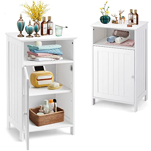 GOPLUS Armadietto Bagno da Terra, Mobile con Ripiano Regolabile, Portaoggetti Multiuso e Salvaspazio, in Legno, Verniciato in Bianco, Portata Totale di 50 kg, 40x30x70 cm