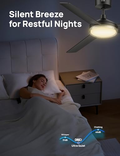 Image of DREO Bedroom Ceiling Fan with Lights, Quiet DC Motor, 22db,Quick-Install, Powerful Airflow, 6 Speeds with Remote, Reversible, 6-Level Dimmable, 5CCT, Black,52 inch Indoor /Outdoor