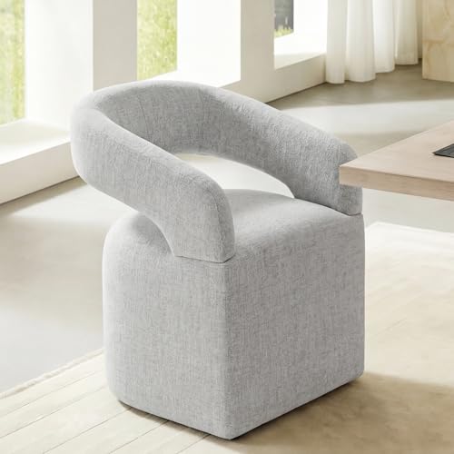 Image of KISLOT Upholstered Dining Chairs Set of 1, Modern Arm Kitchen & Dining Room Chairs with Hidden Casters, Linen Fabric Padded Rolling Chairs, Sturdy Wood Frame, 300 lbs Capacity, Light Grey
