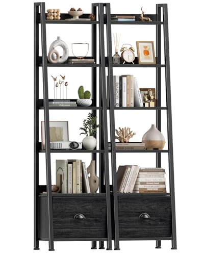 Image of Furologee Bookshelf Set of 2, 6-Tier Ladder Shelf, Ladder Bookshelf with Drawer, Set of 2 Bookshelves, Wood Metal Freestanding Storage Shelf for Living Room, Home Office, Bedroom, Kitchen,Black Oak