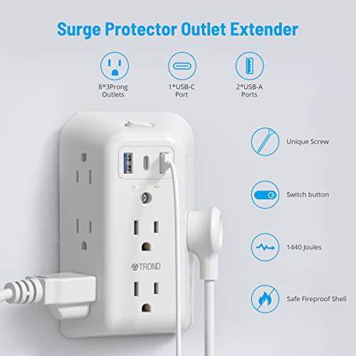 Outlet Extender Surge Protector - Trond 8 Outlet Splitter With 3 Usb Ports (1 Usb C), Multiple Plug Expander With On/Off Switch, 3 Sided Multi Plug Wall Adapter Power Strip For Home Office Kitchen #TOP1