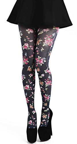 Pamela Mann Collant grande taille fantaisie Ditsy, collant à fleur fond noir (Taille 5)