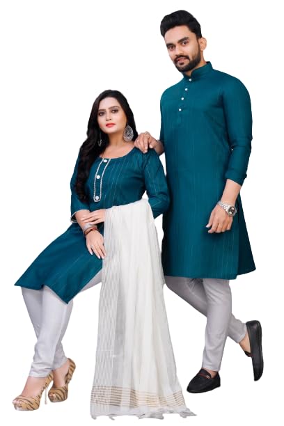 Traditional Men Kurta Pajama & Women Kurti with Dupatta, Cotton Blend Fabric, Wedding and Festival Wear (4 Pcs)