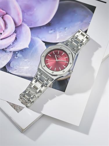 Image of French Connection Octa Edge | Analog | Red Sunray Dial | Silver Stainless Steel Strap | Watch for Women - FCB25SM