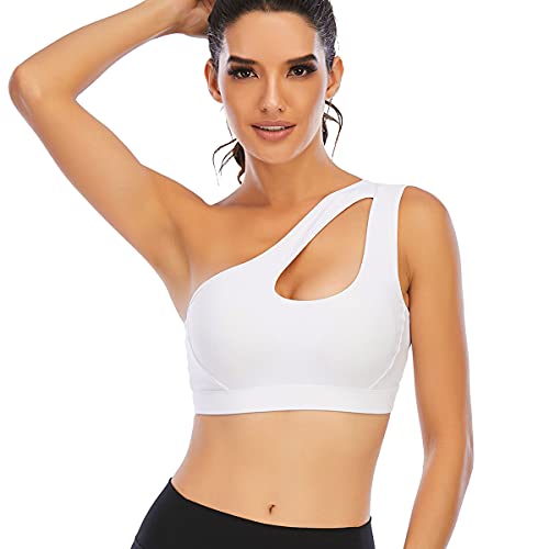 ZAIQUN Damen One Shoulder Sport-BH mit herausnehmbaren Polstern mittlere Unterstützung Fitness Workout Laufen Yoga BH One Strap Bra Sport Tank Tops Weiß Cover