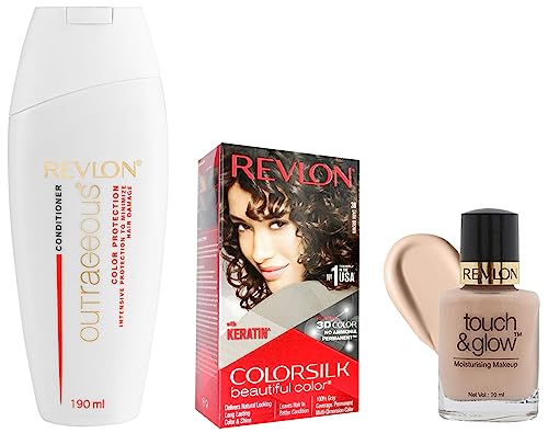 Revlon Color Silk Hair Color with Keratin, 300g – Dark Brown 3N & Revlon Touch and Glow Liquid Make Up, Ivory Mist, 20ml & Revlon Revlon Outrageous Color Protection Hair Conditioner – 190 Ml, 190 ml