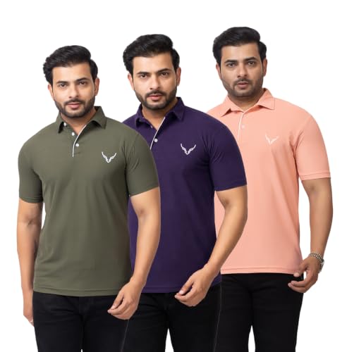 Image of HANABY Men's Summer Polo Solid Half Sleeves Polycotton T-Shirt | Collar Breathable and Comfortable T-Shirt (Pack of 3)