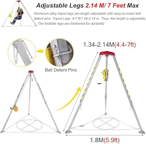 Aluminum Rescue Tripod Fall Arrest Kit - 1800 Lbs Winch & Safety Belt for Emergency Rescue in Tunnels, Sewers & Flues - Essential Lifting Safety Equipment