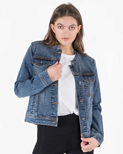 Noroze Women's Collarless Denim Jacket Long Sleeve Washed Jean Biker Style Top (4, Denim Blau) #TOP1